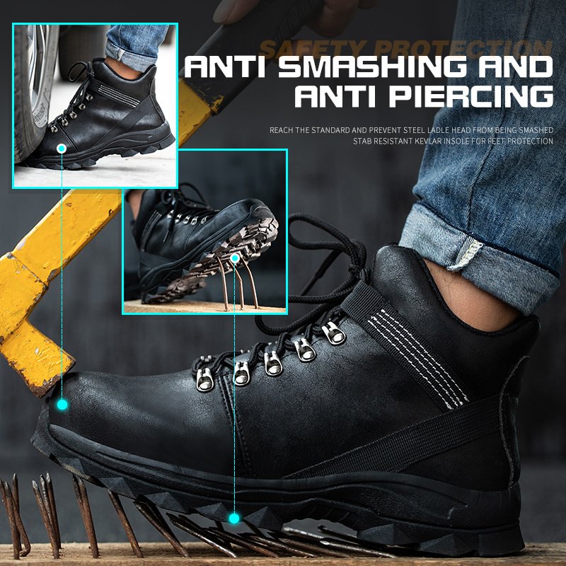 Fashionable motorcycle boots industrial protective miner work shoes high cut black steel toe casual safety boots for men