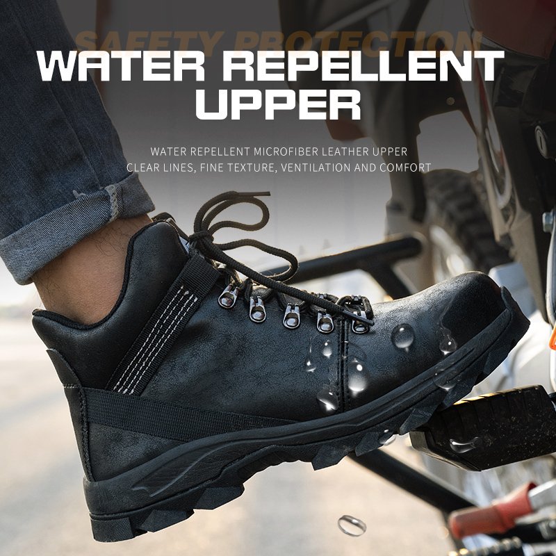 Fashionable motorcycle boots industrial protective miner work shoes high cut black steel toe casual safety boots for men