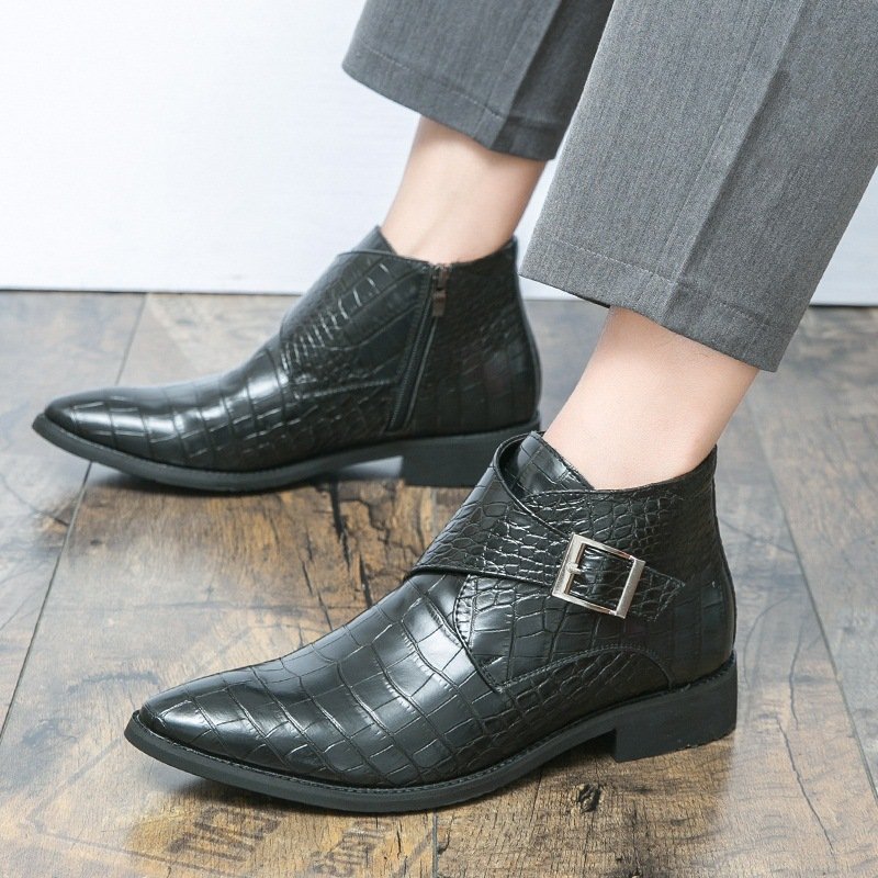 Men's Leather Boots Side Zipper Pin Buckle Chelsea Boots New Crocodile Print European Large Size Casual Boots
