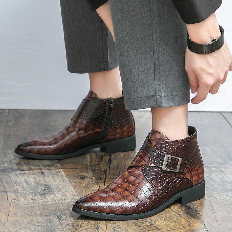 Men's Leather Boots Side Zipper Pin Buckle Chelsea Boots New Crocodile Print European Large Size Casual Boots