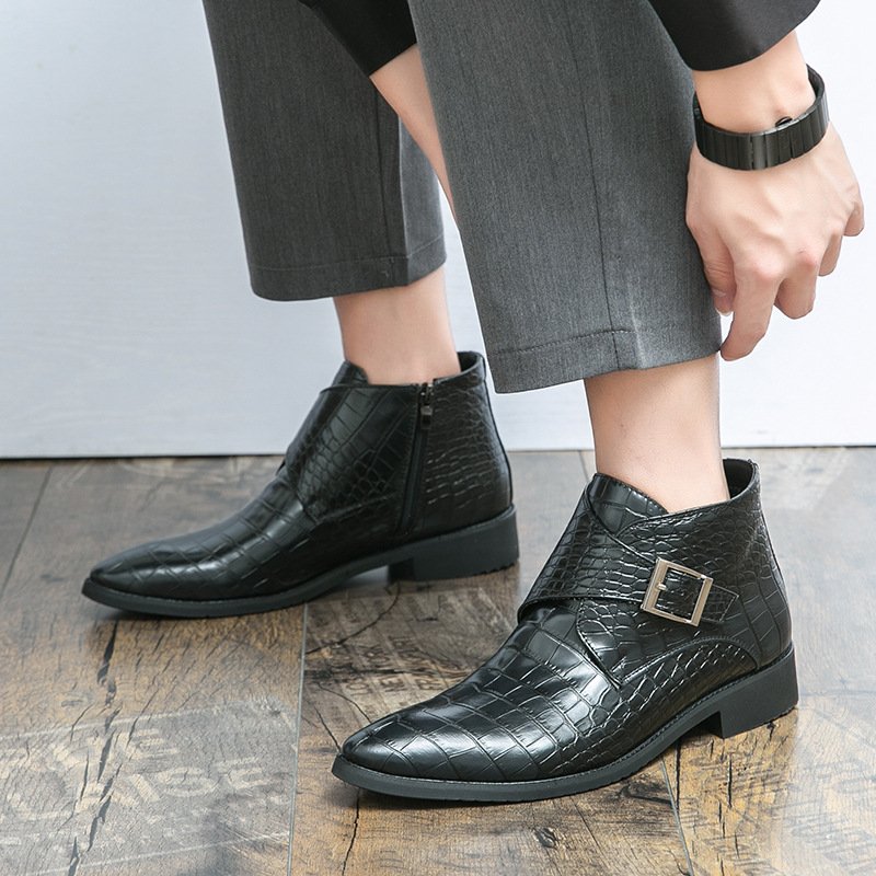 Men's Leather Boots Side Zipper Pin Buckle Chelsea Boots New Crocodile Print European Large Size Casual Boots