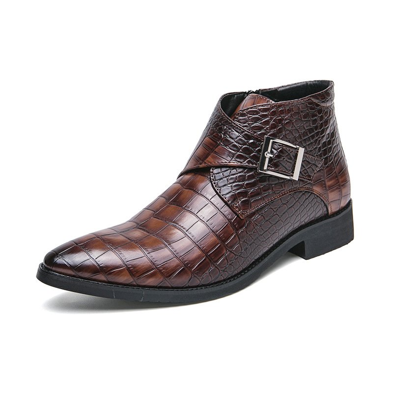 Men's Leather Boots Side Zipper Pin Buckle Chelsea Boots New Crocodile Print European Large Size Casual Boots
