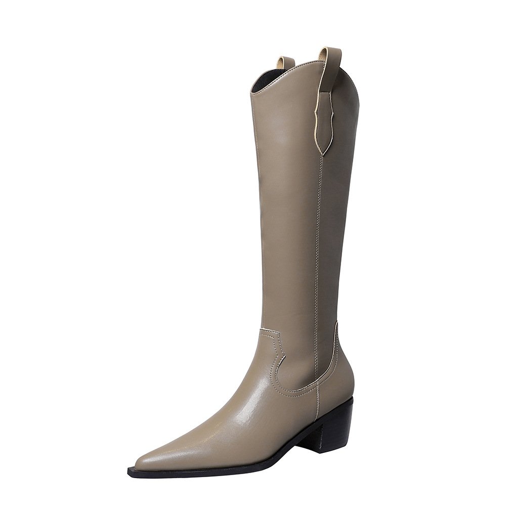 Vintage Square High Heel Wide Leg Knee High Boots Women Shoes Pointed Toe Western Style Zipper Big Size 34-40