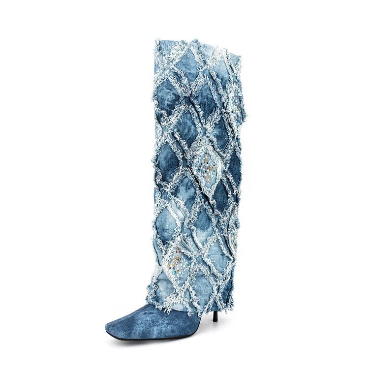 Metallic Lock Shark Denim Knee High Boots for Women Cowgirls Zipper Slip-On with Thick Soles for Runway Party Shoes for Ladies