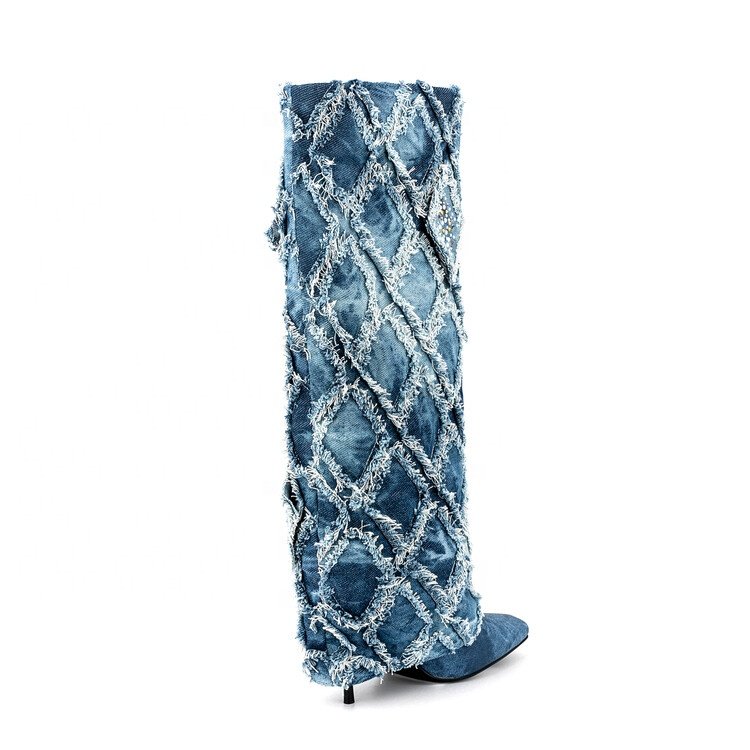 Metallic Lock Shark Denim Knee High Boots for Women Cowgirls Zipper Slip-On with Thick Soles for Runway Party Shoes for Ladies