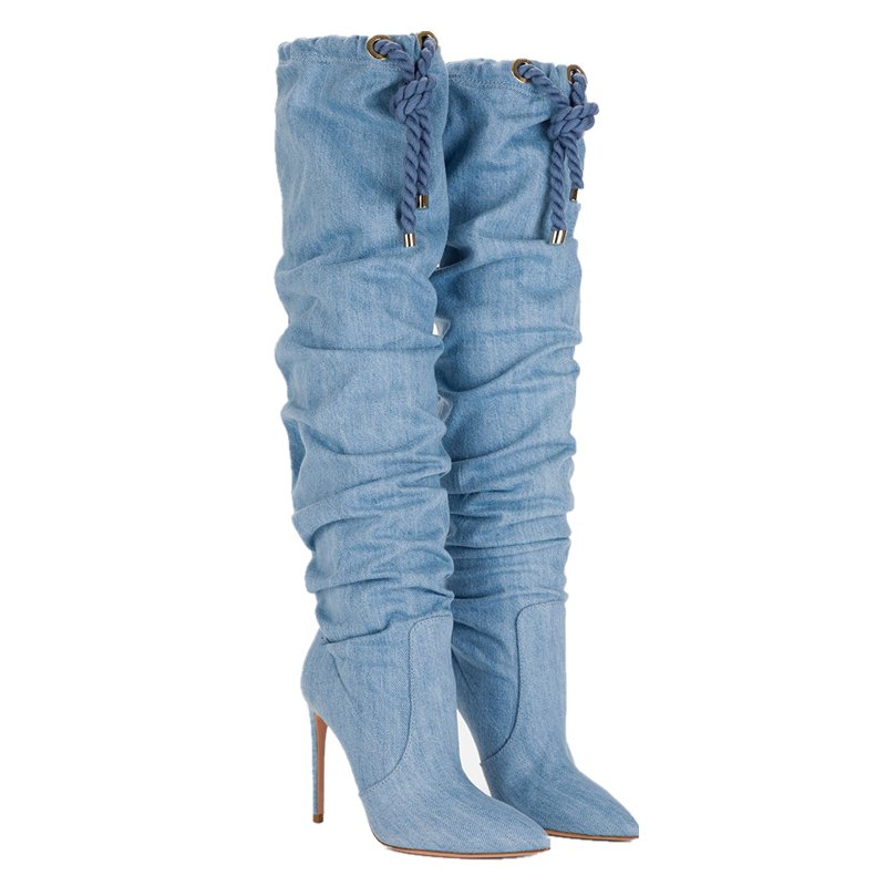 Winter fashion asymmetric design mature blue high heel women thigh high boots