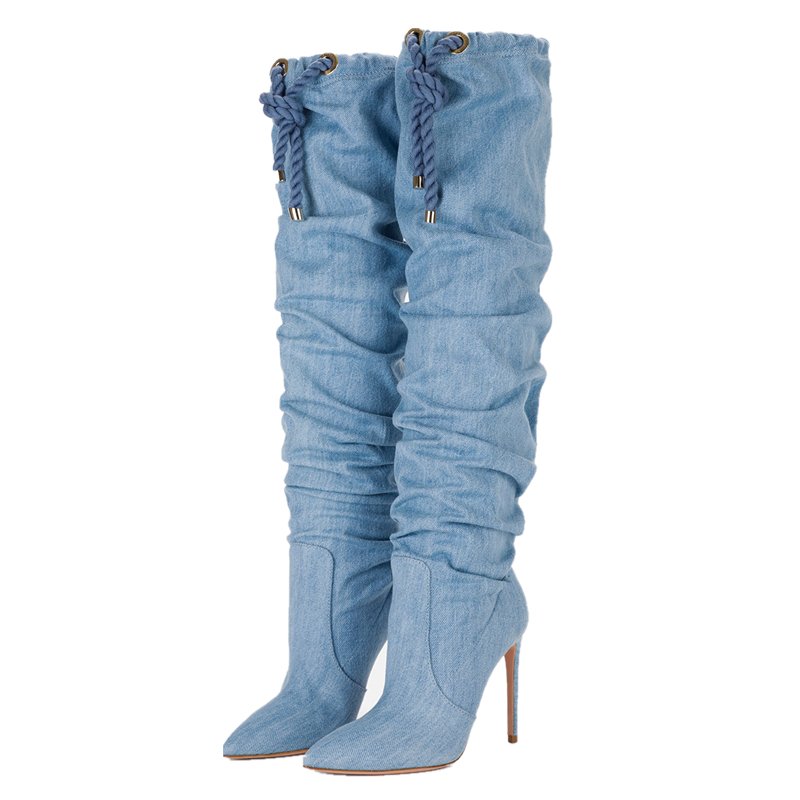 Winter fashion asymmetric design mature blue high heel women thigh high boots