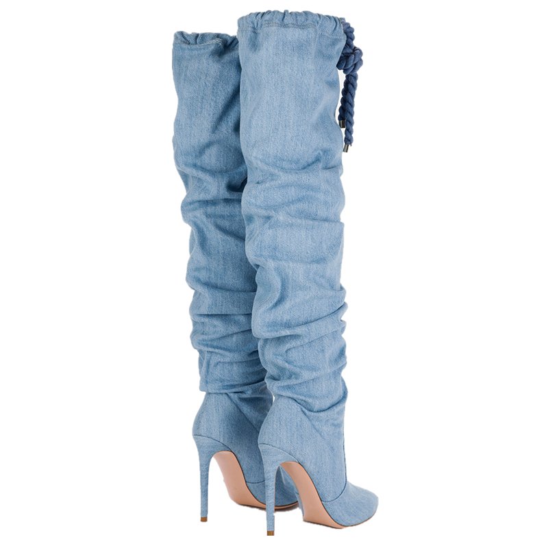 Winter fashion asymmetric design mature blue high heel women thigh high boots