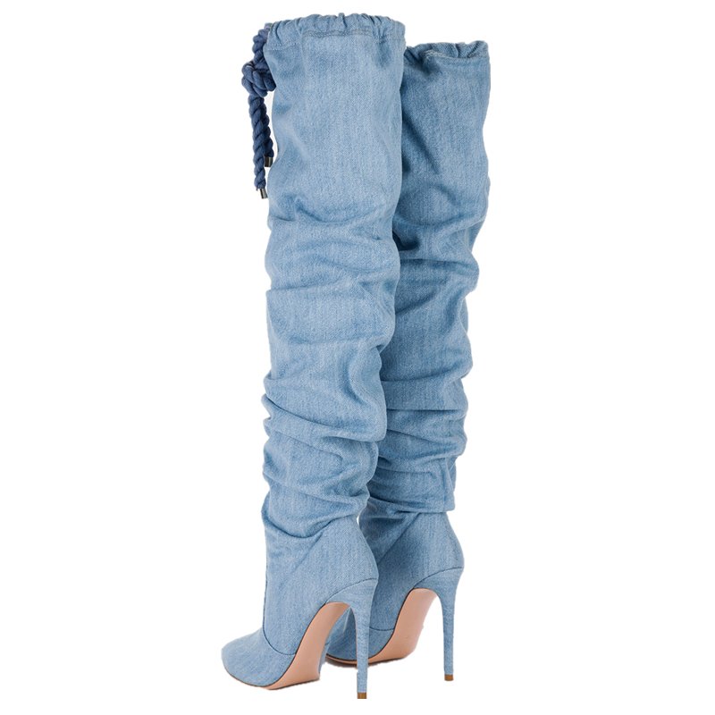 Winter fashion asymmetric design mature blue high heel women thigh high boots