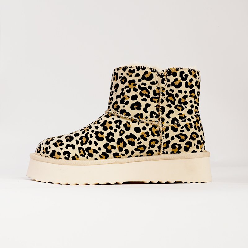 Ankle Height Boots Leopard Print For Ladies Snow Boots Waterproof PVC Suede Rubber Plush Wool Anti-Slip Winter