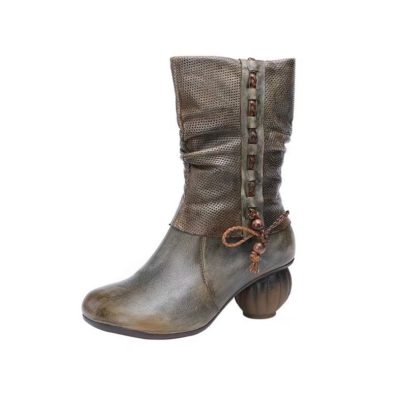 Wholesale high quality genuine leather Elegant unique design Winter Round Toe Retro Mid calf Chunky Heels Boots manufacturer