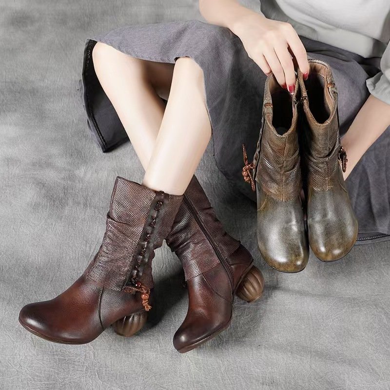 Wholesale high quality genuine leather Elegant unique design Winter Round Toe Retro Mid calf Chunky Heels Boots manufacturer