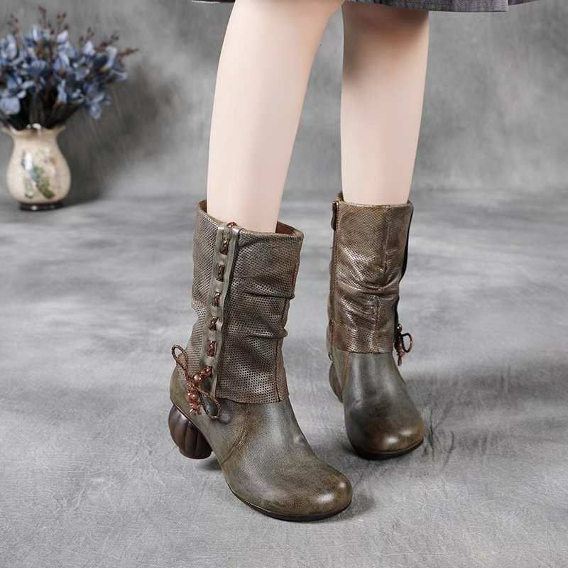 Wholesale high quality genuine leather Elegant unique design Winter Round Toe Retro Mid calf Chunky Heels Boots manufacturer