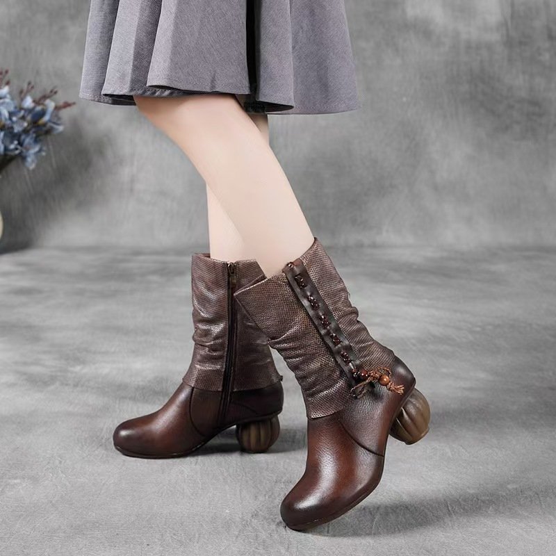 Wholesale high quality genuine leather Elegant unique design Winter Round Toe Retro Mid calf Chunky Heels Boots manufacturer
