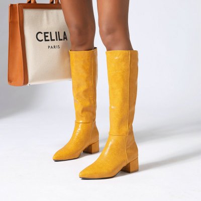 Knee High Boots Winter Snake Leather Long Boots Pointed Low Heels Woman Large Size Casual Shoes Western Cowboy Boots for Women