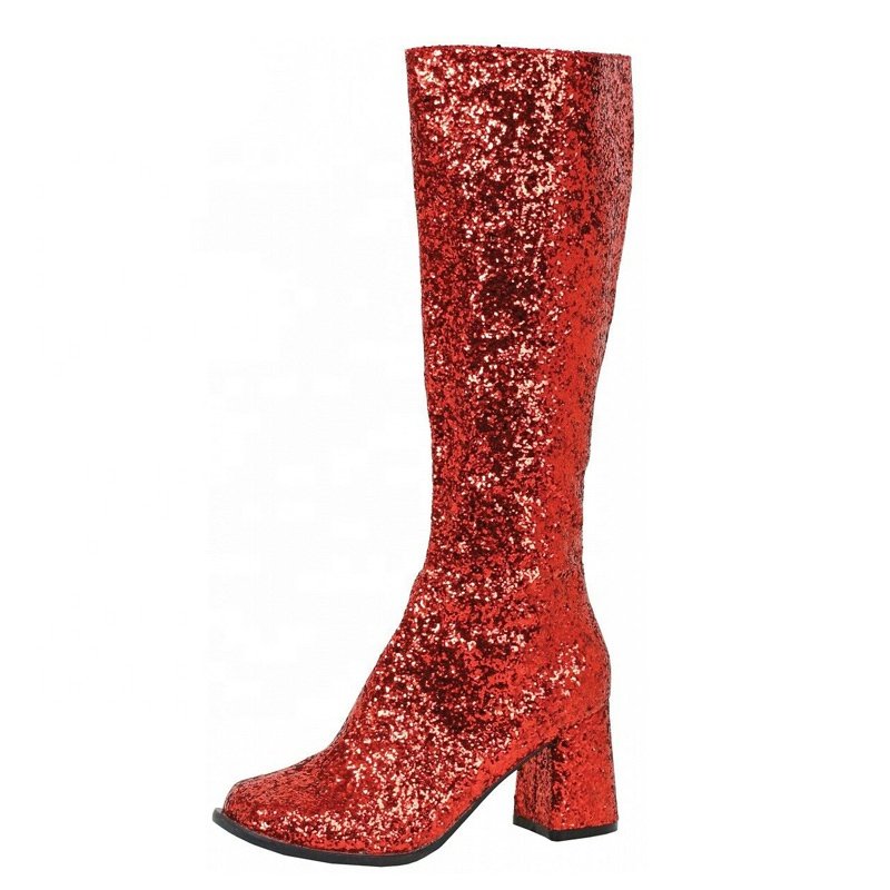 Costumes 60s 70S Square Heels Knee Booties Glitter High Calf Boots Chunky Heel Gogo Boots for Women