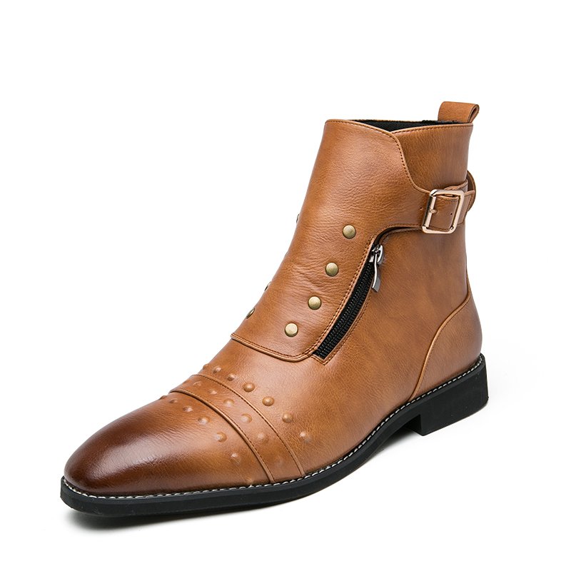 Custom Logo MOQ1 Streetwear Zipper Zapatos De Cuero PU Leather Boots High Ankle Men's Casual Shoes Rivet Belt Buckle Dress Shoe
