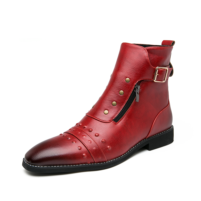 Custom Logo MOQ1 Streetwear Zipper Zapatos De Cuero PU Leather Boots High Ankle Men's Casual Shoes Rivet Belt Buckle Dress Shoe