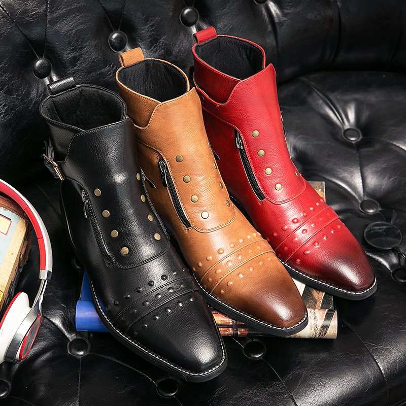 Custom Logo MOQ1 Streetwear Zipper Zapatos De Cuero PU Leather Boots High Ankle Men's Casual Shoes Rivet Belt Buckle Dress Shoe
