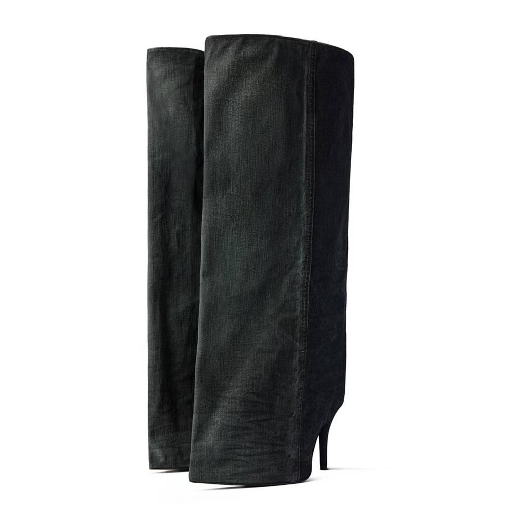 Supper Wide Top Women's Knee High Boots Puffy Upper Pants Long Booties Stiletto Thin Heels Stage Denim Shoes