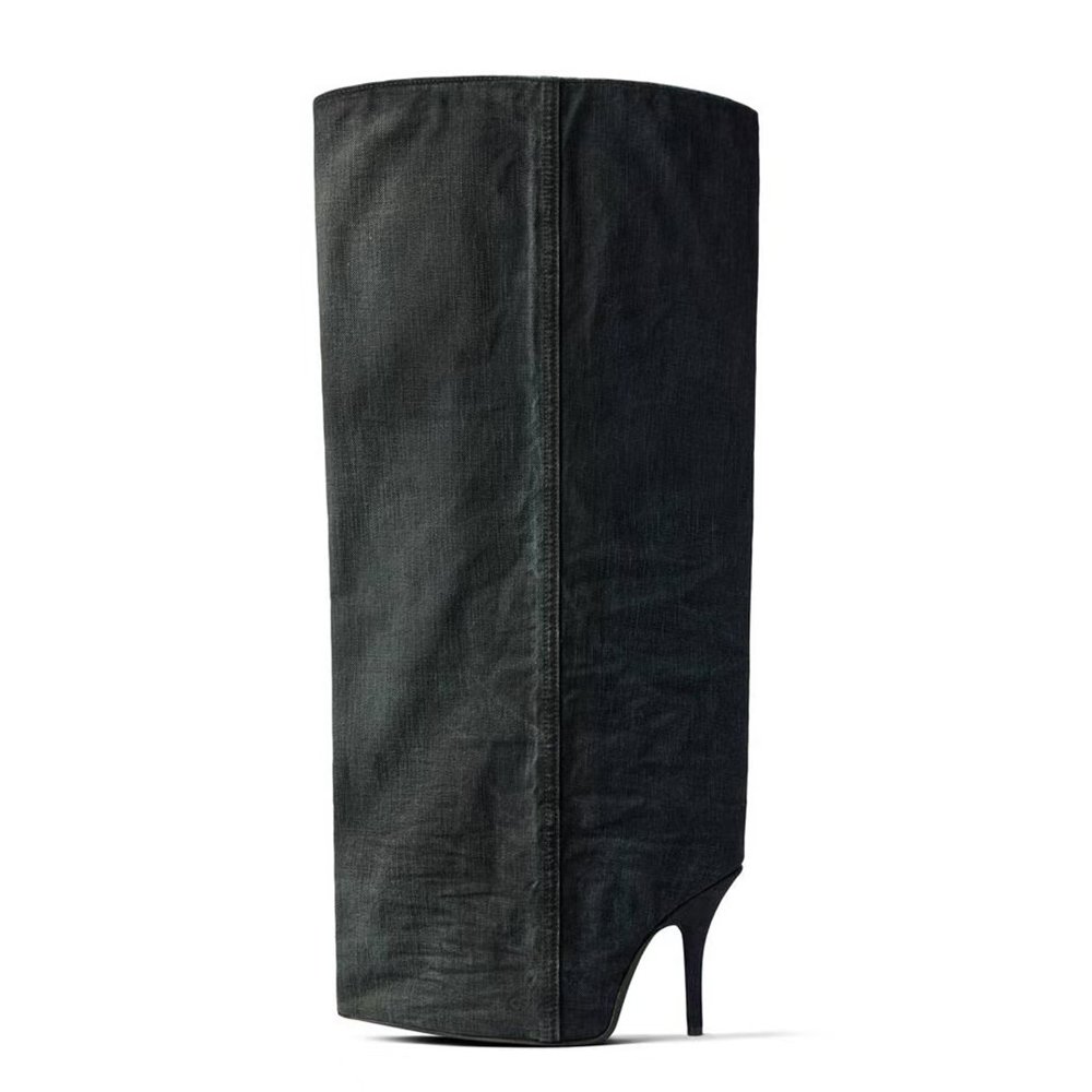 Supper Wide Top Women's Knee High Boots Puffy Upper Pants Long Booties Stiletto Thin Heels Stage Denim Shoes