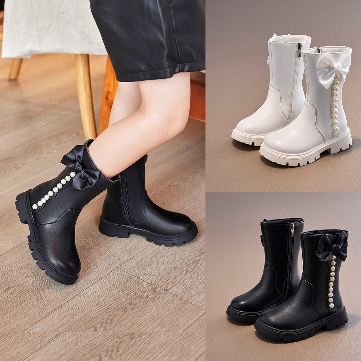 2024 New Korean Autumn Winter Sweet Kids Shoes Pu Leather Bow Pearl Princess Boots for Girls