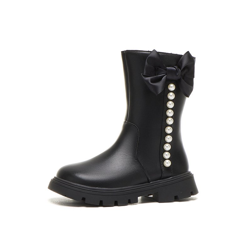 2024 New Korean Autumn Winter Sweet Kids Shoes Pu Leather Bow Pearl Princess Boots for Girls