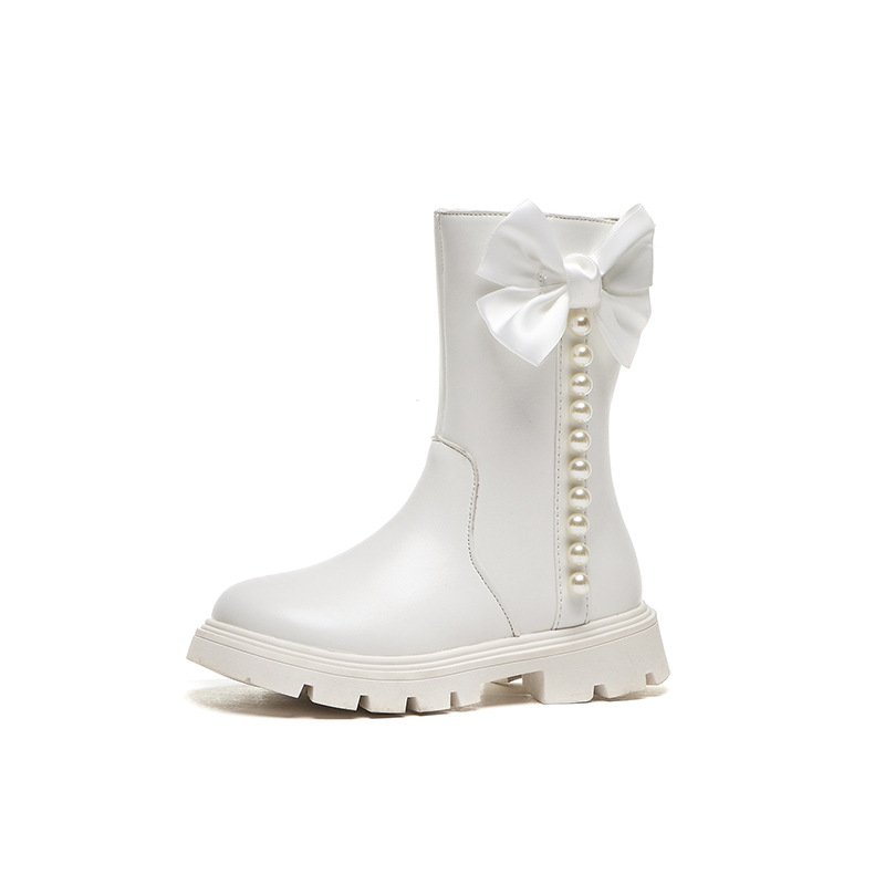 2024 New Korean Autumn Winter Sweet Kids Shoes Pu Leather Bow Pearl Princess Boots for Girls