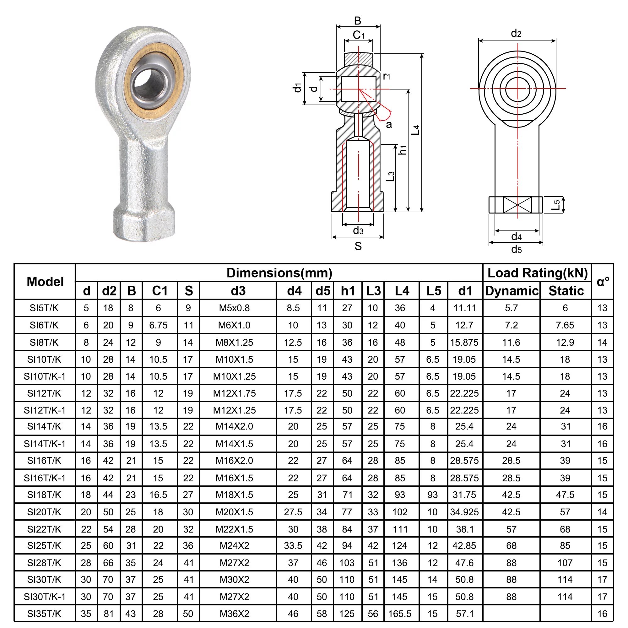 SI8TK SI8T/K M8X1.25 Right Hand 8mm Chrome Steel HXHV Rod End Bearing with Size 8x24.5x48.5mm
