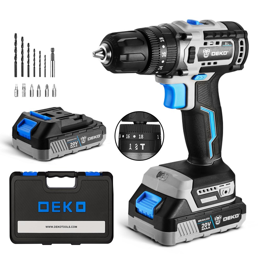 DEKO DKBL20ID01-B10S2 Brushless Impact Drill With Accessories 20V 18+3 1700RPM Power Tools For Woodworking Household Repairing