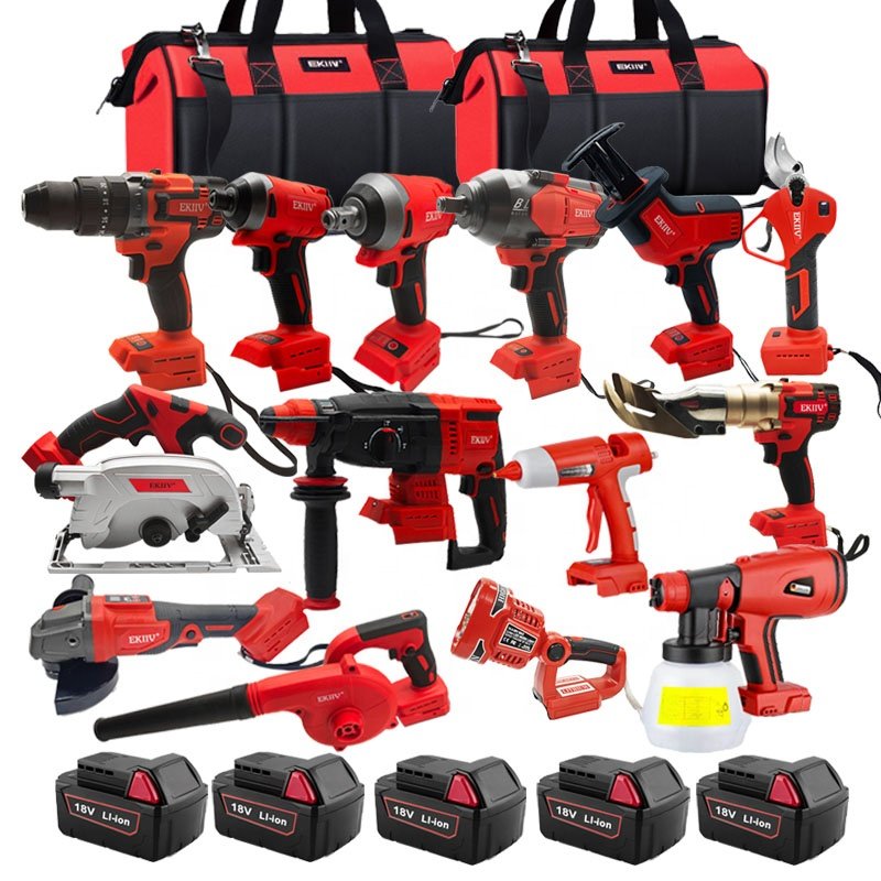 EKIIV 21v 18V Power Tools 4 Kits Tool Set Cordless Drill and angle grinder and Hammer and Wrench combo kit