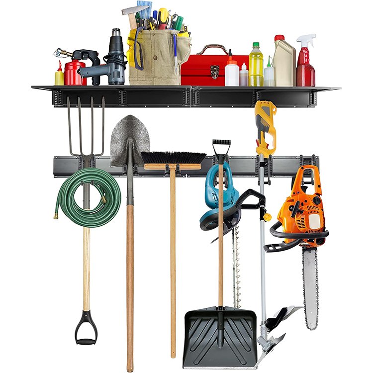 JH-Mech Garage Tool Storage Rack With Wall Shelf for Power Tools Mop Garden Rakes Wall mount Metal Garden Tool Storage Organizer