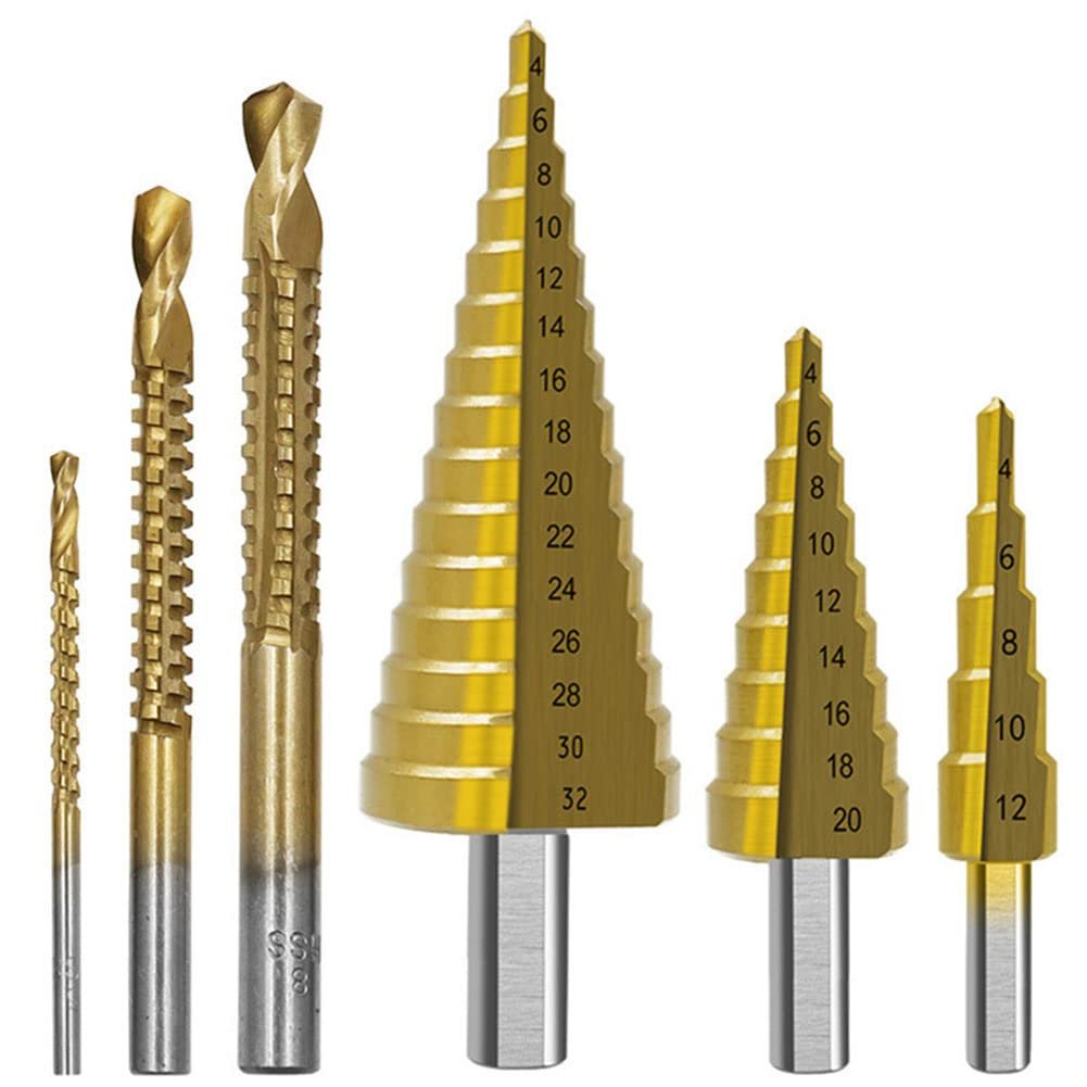6 Pcs Titanium Coated Drill Bit Set Including 3 Sizes Of Step And Twist Drill Bits For Metalworking Woodworking Hole Drilling