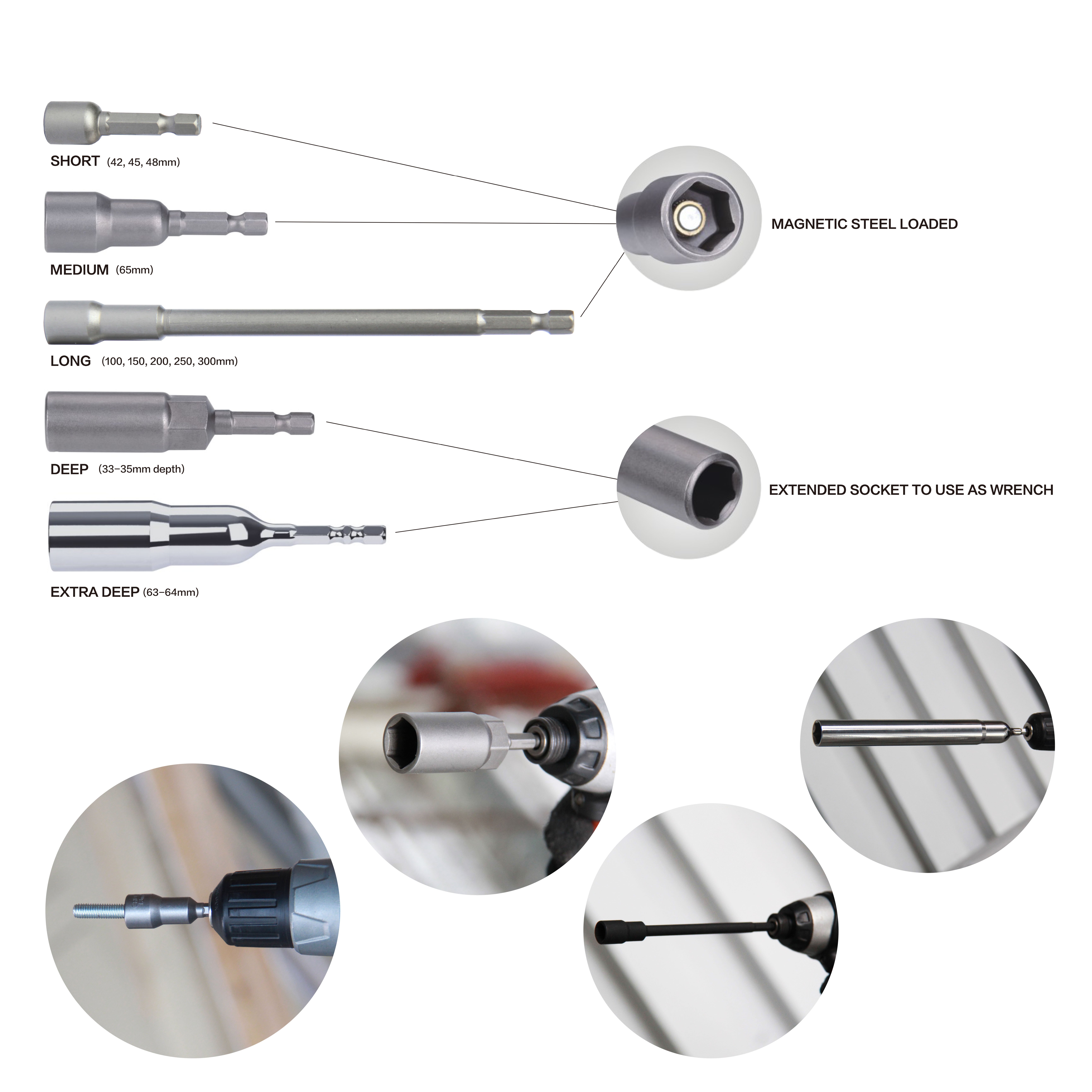 8 in 1 Black Hexagon Nut Driver Socket Set Impact Magnetic Nut Setter Other Power Tool Accessories