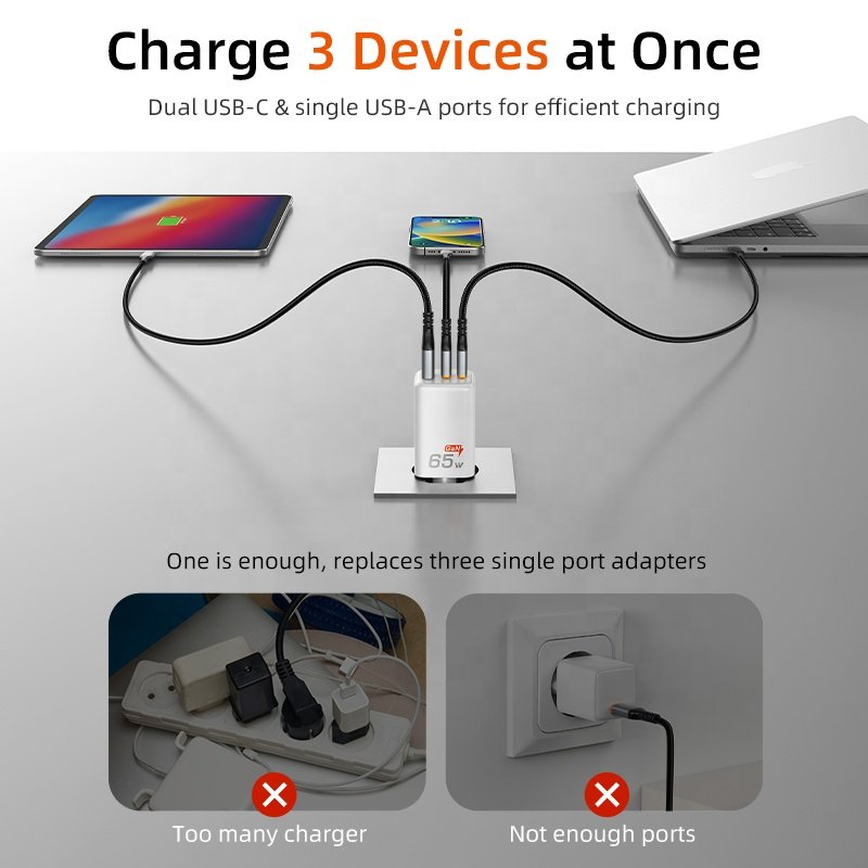 New Design EU Plug 3 Ports GaN USB Type C Phone Power Adapter High Speed 65W Wall Charger
