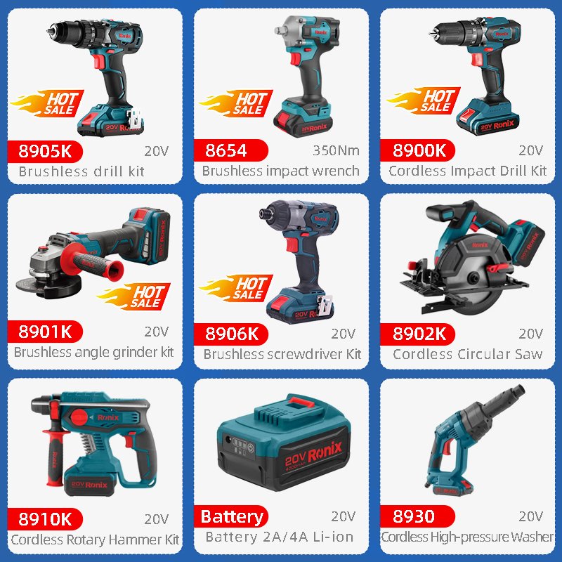 Ronix Newest 89 Series 20V Professional Cordless Brushless Hammer Drill Wrench Trimmer Blower Power Tools Combo Set Kit