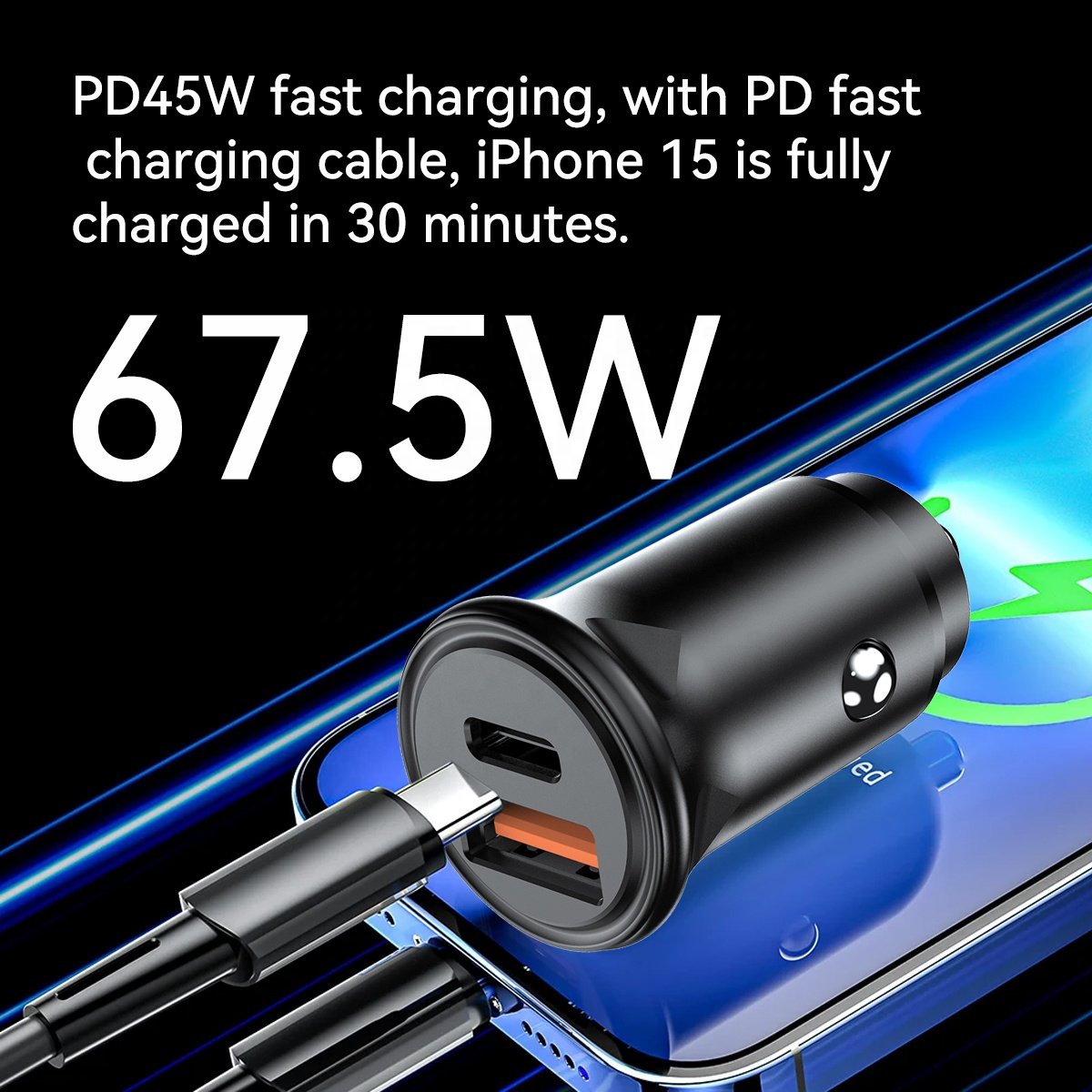 67.5W high power full fast charging protocol car charger c-type port one tow two 12V-24V car universal for Apple/Huawei/Samsung