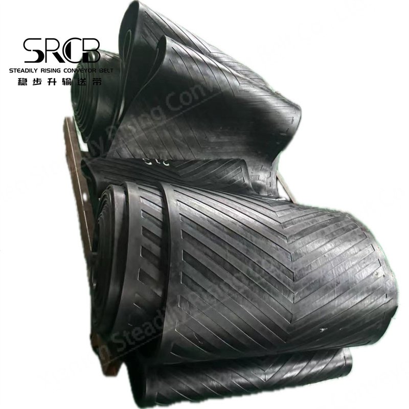 EP300/2 Herringbone chevron pattern rubber conveyor belt for mining coal yard chemical industry