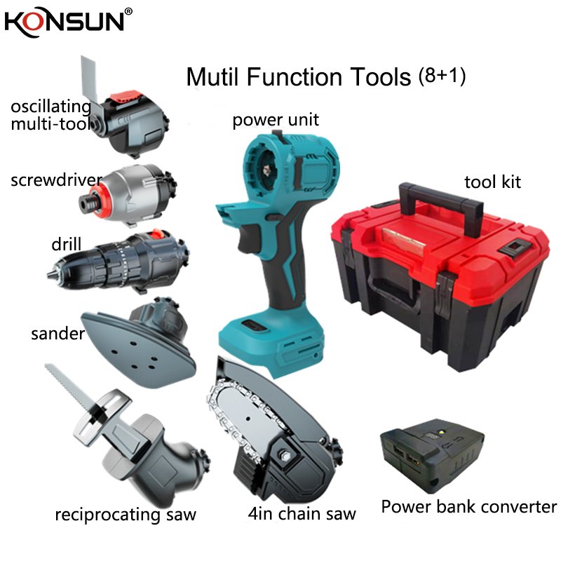 KONSUN 13PCS 11 In 2 Cordless Impact Drill Sander Reciprocating Saw 4 Inch Chainsaw Impact Driver Power Tool Sets For Garden
