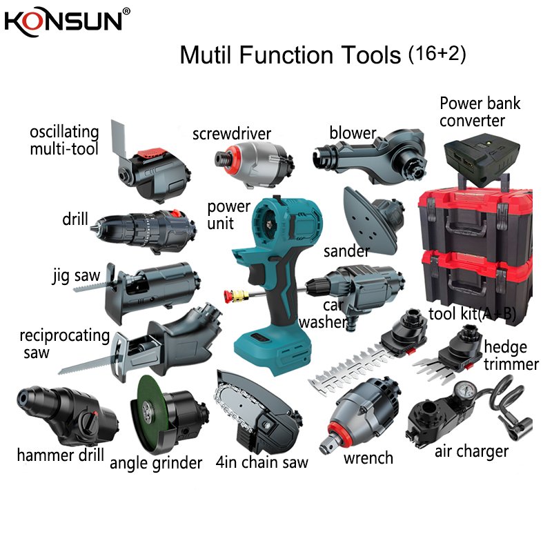 KONSUN 13PCS 11 In 2 Cordless Impact Drill Sander Reciprocating Saw 4 Inch Chainsaw Impact Driver Power Tool Sets For Garden