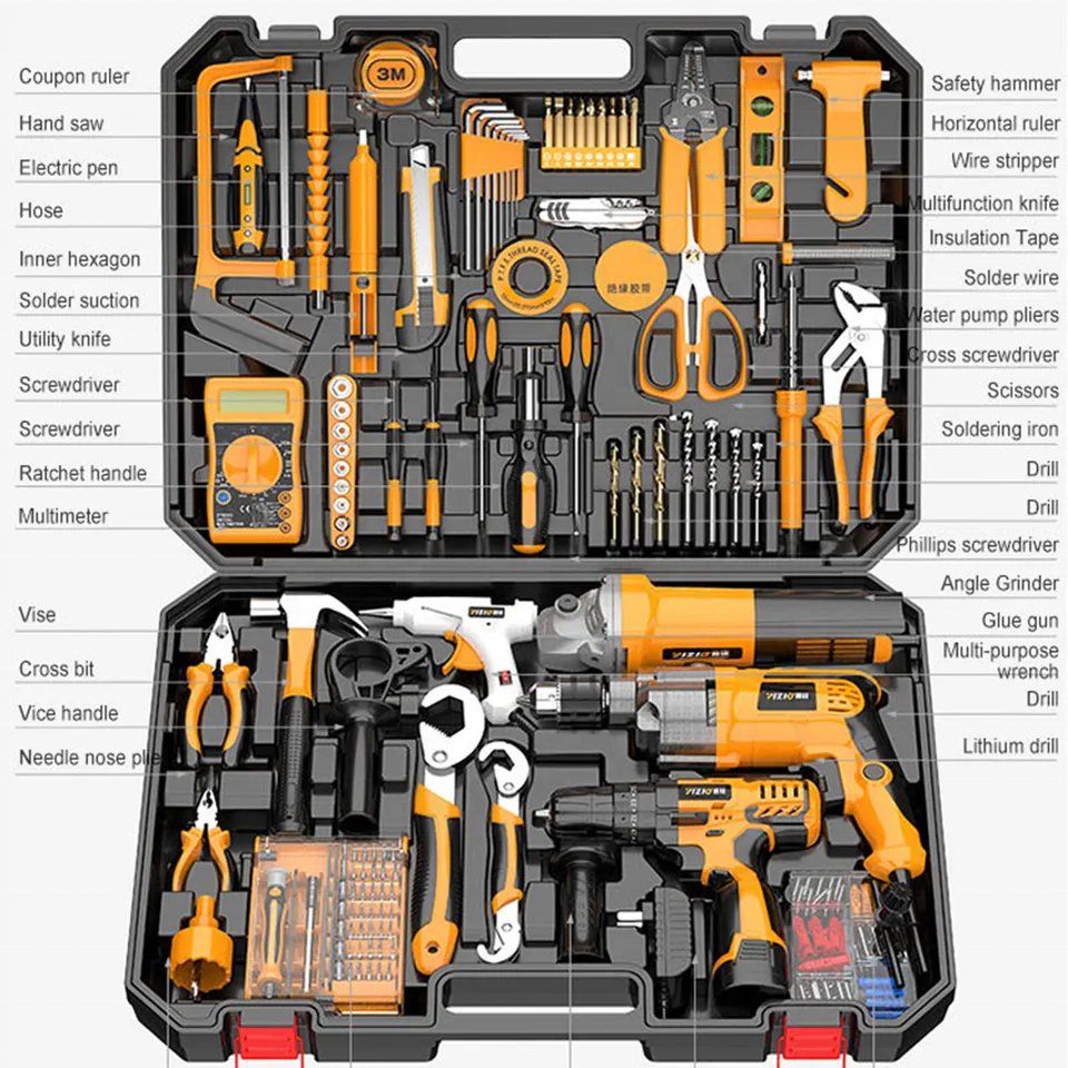 Construction tool set includes electric drill angle grinder hairdryer hammer drill and other power tools
