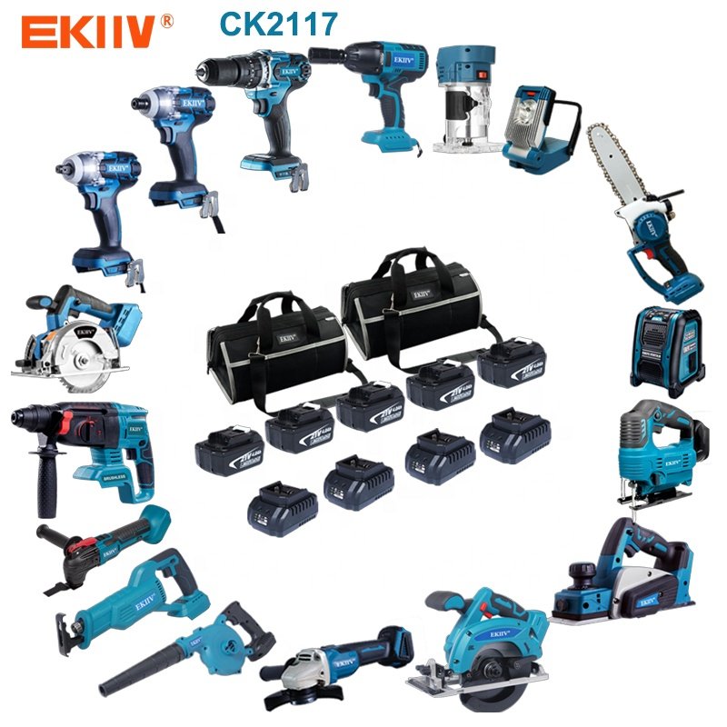 EKIIV 21V Drill Cordless Power Tool Kit Jig Saw Impact Wrench Sander Heat Gun Air Pump Angle Grinder Electric Hammer Tool Set