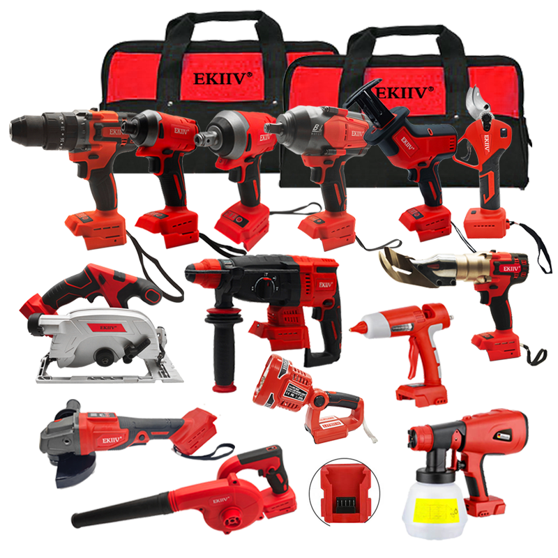 EKIIV 21V Drill Cordless Power Tool Kit Jig Saw Impact Wrench Sander Heat Gun Air Pump Angle Grinder Electric Hammer Tool Set