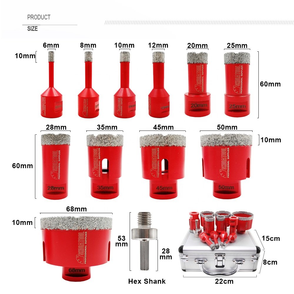 M14 Thread Vacuum Brazed Diamond Suite Case Core Drill Bit Set 6+8+10+12+20+25+28+35+45+50+68mm+HEX for Tile Granite