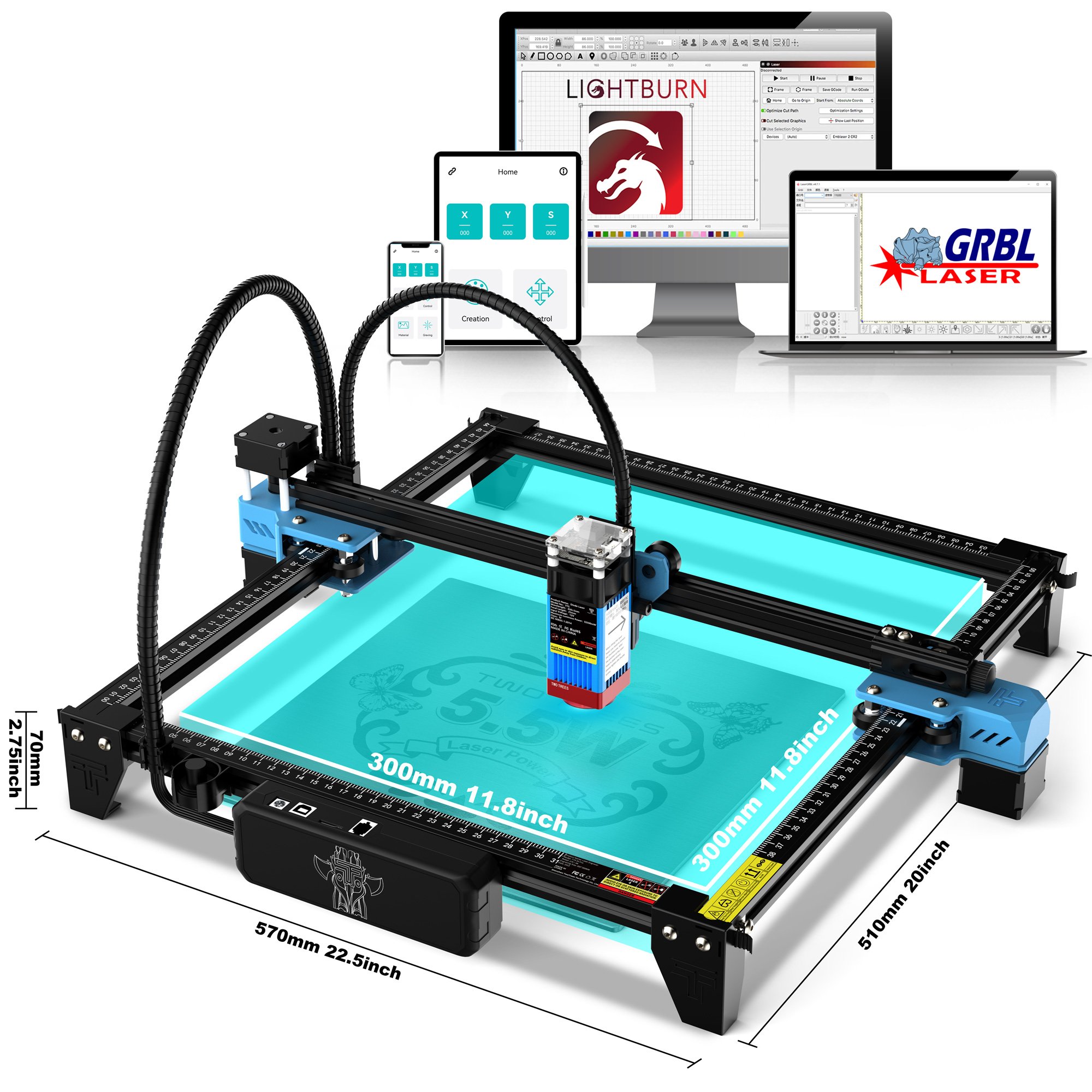 TWOTREES TTS 5.5W OEM All Aluminum Alloy Body 32-Bit Motherboard 300*300mm Work Area Home Use Mini Machine Engraving Laser