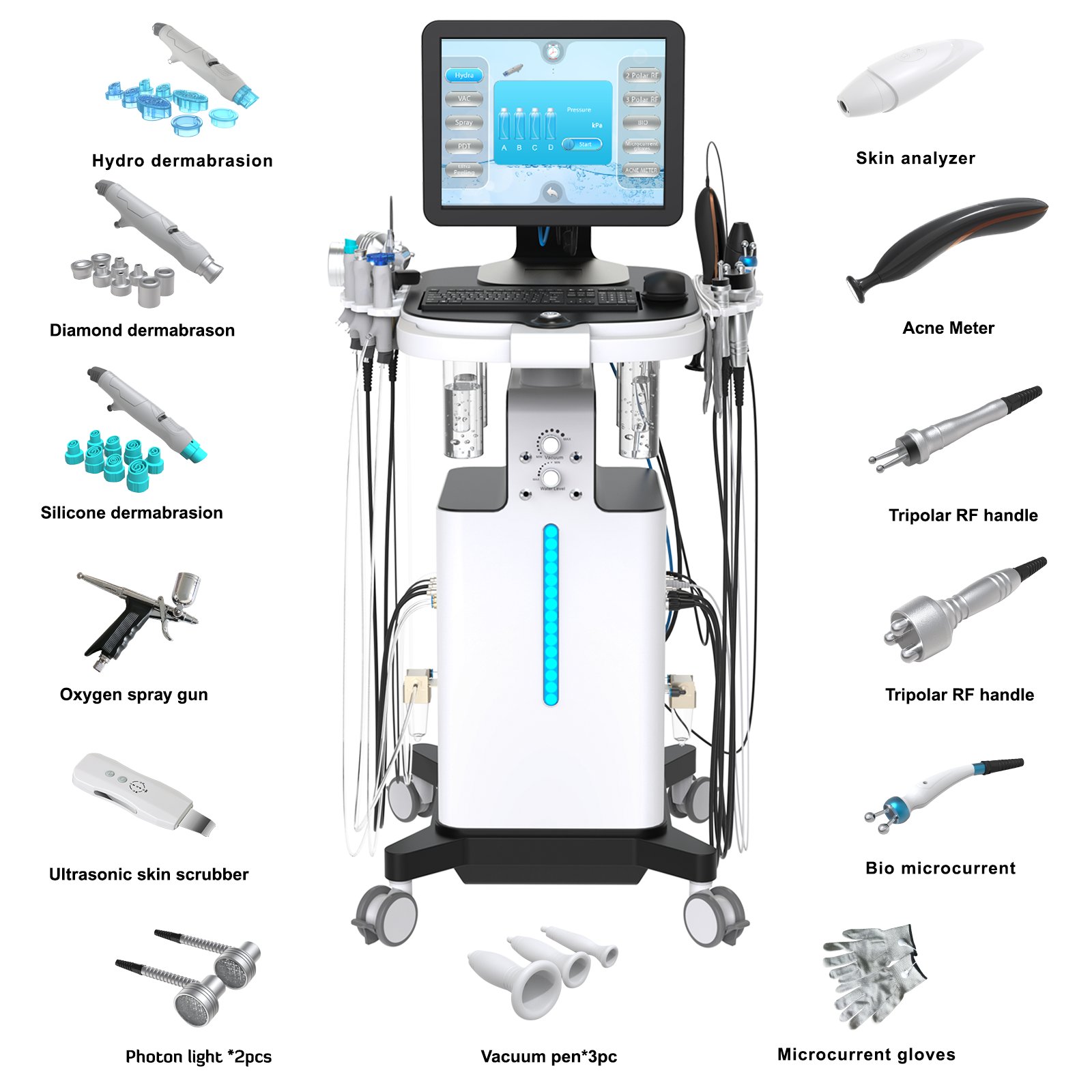 2024 Hydro Facial Skin Care Spa Equipment Hydrafacy 7/14 in 1 Skin Analyzer With Keyboard Dermabrasion Machine