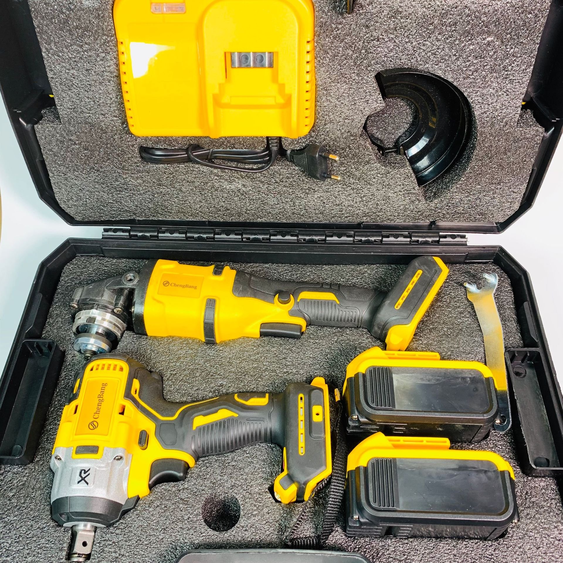 Set of 2pcs Power Tools Rechargeable Lithium Brushless Electric Angle Grinder Cordless Wrench Combination Tool Set Yellow A01