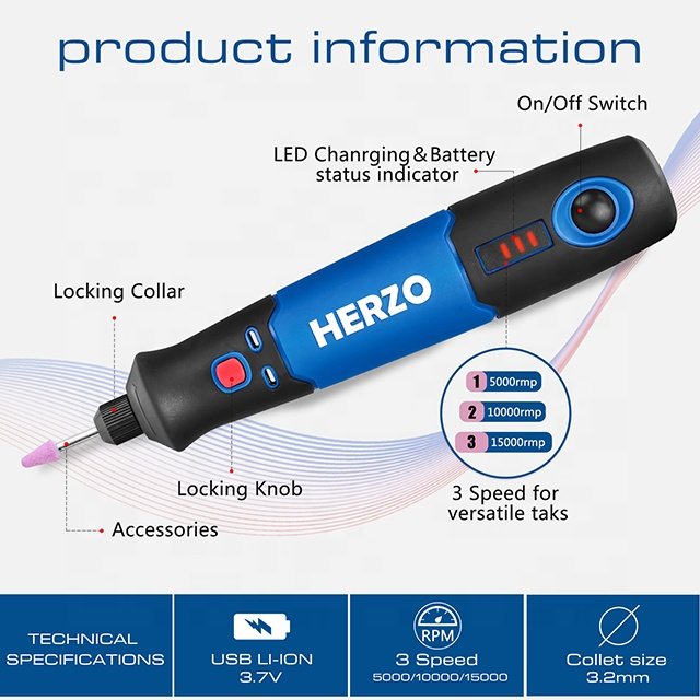 HERZO 3.7V Cordless Mini Rotary Tool USB Li-ion Battery Powered Grinder for Engraving & Drilling Includes DIY Accessories