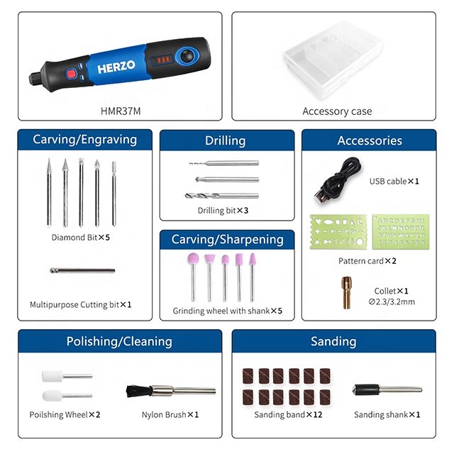 HERZO 3.7V Cordless Mini Rotary Tool USB Li-ion Battery Powered Grinder for Engraving & Drilling Includes DIY Accessories
