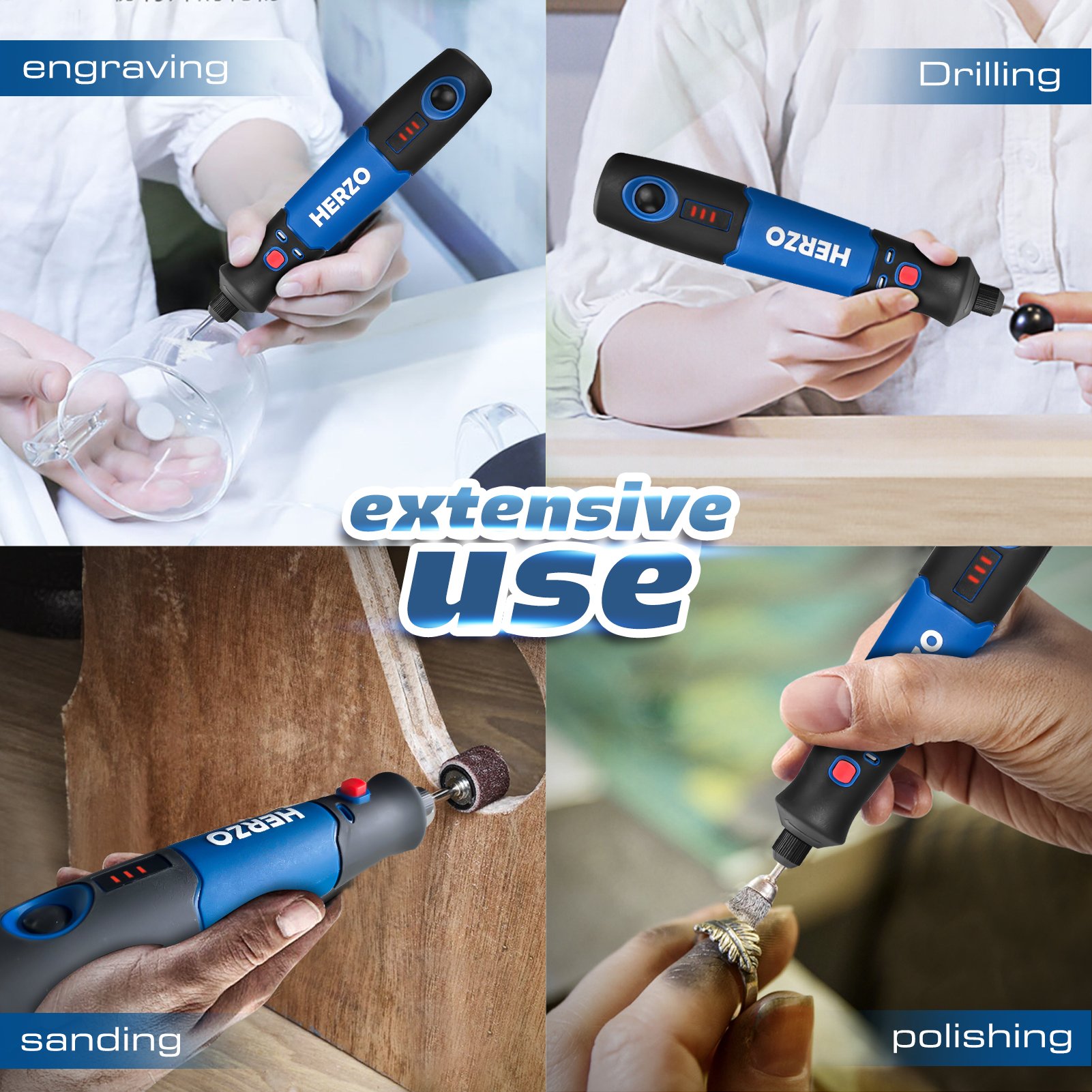 HERZO 3.7V Cordless Mini Rotary Tool USB Li-ion Battery Powered Grinder for Engraving & Drilling Includes DIY Accessories